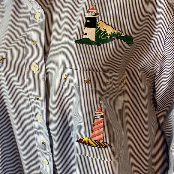 Las Olas Blue white Striped Button up Shirt Lighthouse Embroidery stars medium - Picture 3 of 8